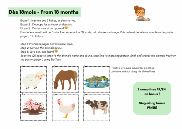 Affiche éducative – Les animaux de la ferme (FR/EN + QR codes sonores) + fiches A4 d'activité // Farm Animals – Bilingual Educational Poster (French-English + Audio QR codes) + 2-page A4 activity kit – Image 3