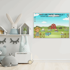 Affiche éducative – Les animaux de la ferme (FR/EN + QR codes sonores) + fiches A4 d'activité // Farm Animals – Bilingual Educational Poster (French-English + Audio QR codes) + 2-page A4 activity kit